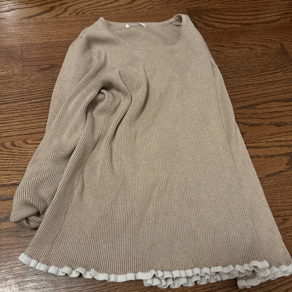 Tan Ribbed Knit Dress with Ruffle Hem